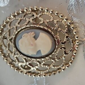 Vintage gold, powder blue white Sarah Coventry Cameo brooch/pendant